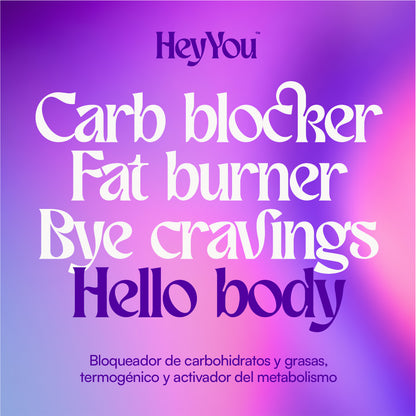Hey You Block & Burn Suplemento bloqueador de carbohidratos, azúcares y grasas. Activador del metabolismo. Faseolamina, Chitosán, Fucoxantina, Coleus Forskohli, L-carnitina y Gynostemma Pentaphyllum. 60 cápsulas