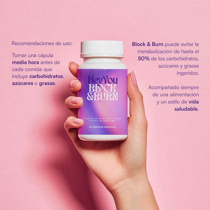 Hey You Block & Burn Suplemento bloqueador de carbohidratos, azúcares y grasas. Activador del metabolismo. Faseolamina, Chitosán, Fucoxantina, Coleus Forskohli, L-carnitina y Gynostemma Pentaphyllum. 60 cápsulas