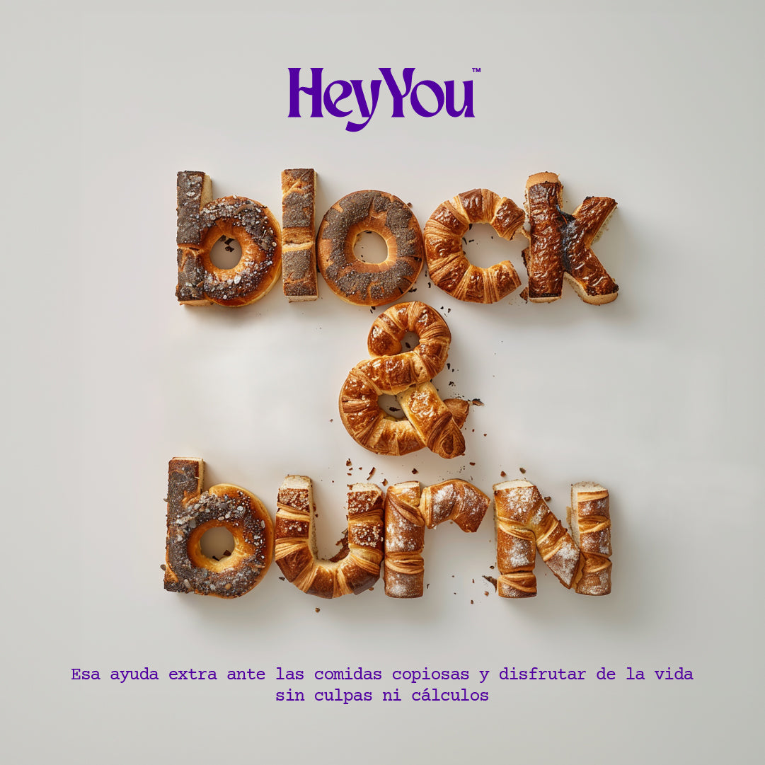 Hey You Block & Burn Suplemento bloqueador de carbohidratos, azúcares y grasas. Activador del metabolismo. Faseolamina, Chitosán, Fucoxantina, Coleus Forskohli, L-carnitina y Gynostemma Pentaphyllum. 60 cápsulas