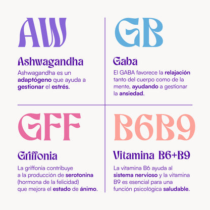 Hey You Breathe Suplemento vitamínico para ayudar a gestionar la ansiedad, el estrés y el estado de ánimo a base de Ashwagandha, Griffonia y GABA. 60 cápsulas veganas