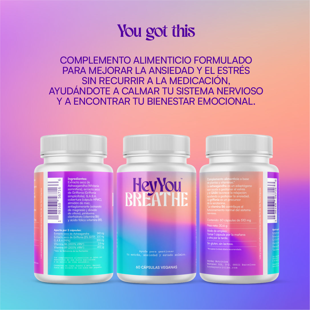 Hey You Breathe Suplemento vitamínico para ayudar a gestionar la ansiedad, el estrés y el estado de ánimo a base de Ashwagandha, Griffonia y GABA. 60 cápsulas veganas