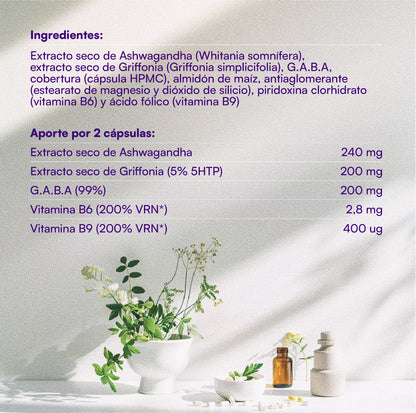 Hey You Breathe Suplemento vitamínico para ayudar a gestionar la ansiedad, el estrés y el estado de ánimo a base de Ashwagandha, Griffonia y GABA. 60 cápsulas veganas