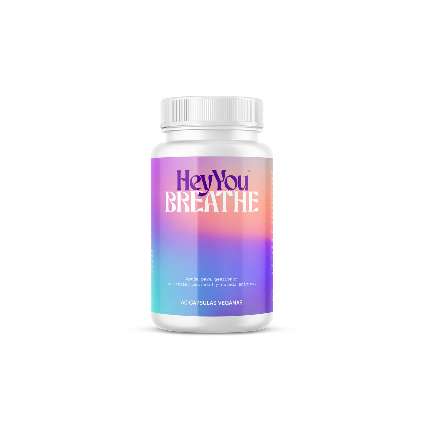 Hey You Breathe Suplemento vitamínico para ayudar a gestionar la ansiedad, el estrés y el estado de ánimo a base de Ashwagandha, Griffonia y GABA. 60 cápsulas veganas