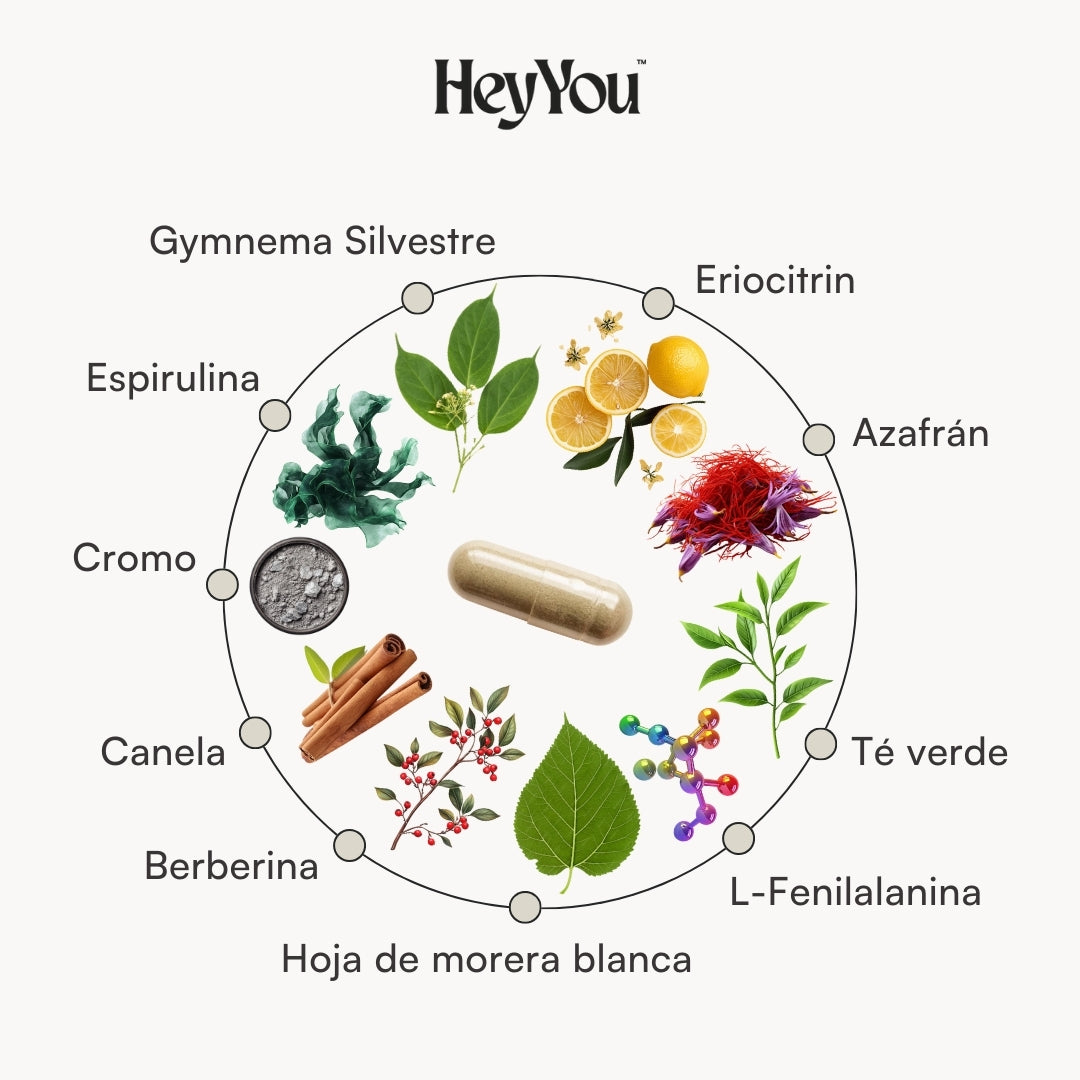 Hey You Antispike GLP-1 Suplemento para el control del Pico de Glucosa, Niveles de Azúcar, Antojos, control de peso, Hambre y Claridad Mental con Eriocitrina, Gymnema Silvestre, Hoja de Morera blanca y Berberina 60 cápsulas veganas