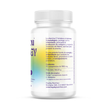 Hey You Energy Complemento Alimenticio Vitamina C pura 1,2 g Energía, vitalidad y refuerzo del sistema inmunitario. 90 comprimidos.