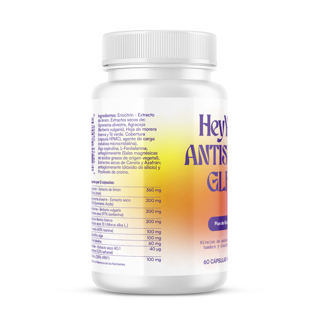 Hey You Antispike GLP-1 Suplemento para el control del Pico de Glucosa, Niveles de Azúcar, Antojos, control de peso, Hambre y Claridad Mental con Eriocitrina, Gymnema Silvestre, Hoja de Morera blanca y Berberina 60 cápsulas veganas