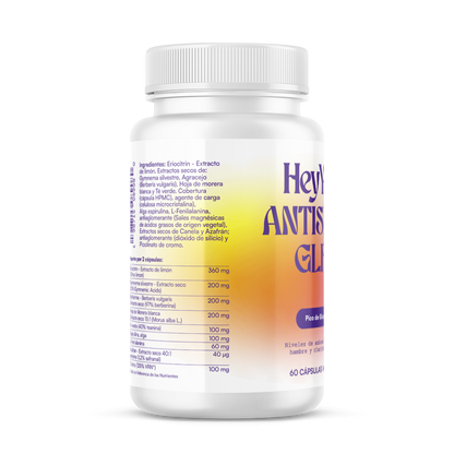 Hey You Antispike GLP-1 Suplemento para el control del Pico de Glucosa, Niveles de Azúcar, Antojos, control de peso, Hambre y Claridad Mental con Eriocitrina, Gymnema Silvestre, Hoja de Morera blanca y Berberina 60 cápsulas veganas