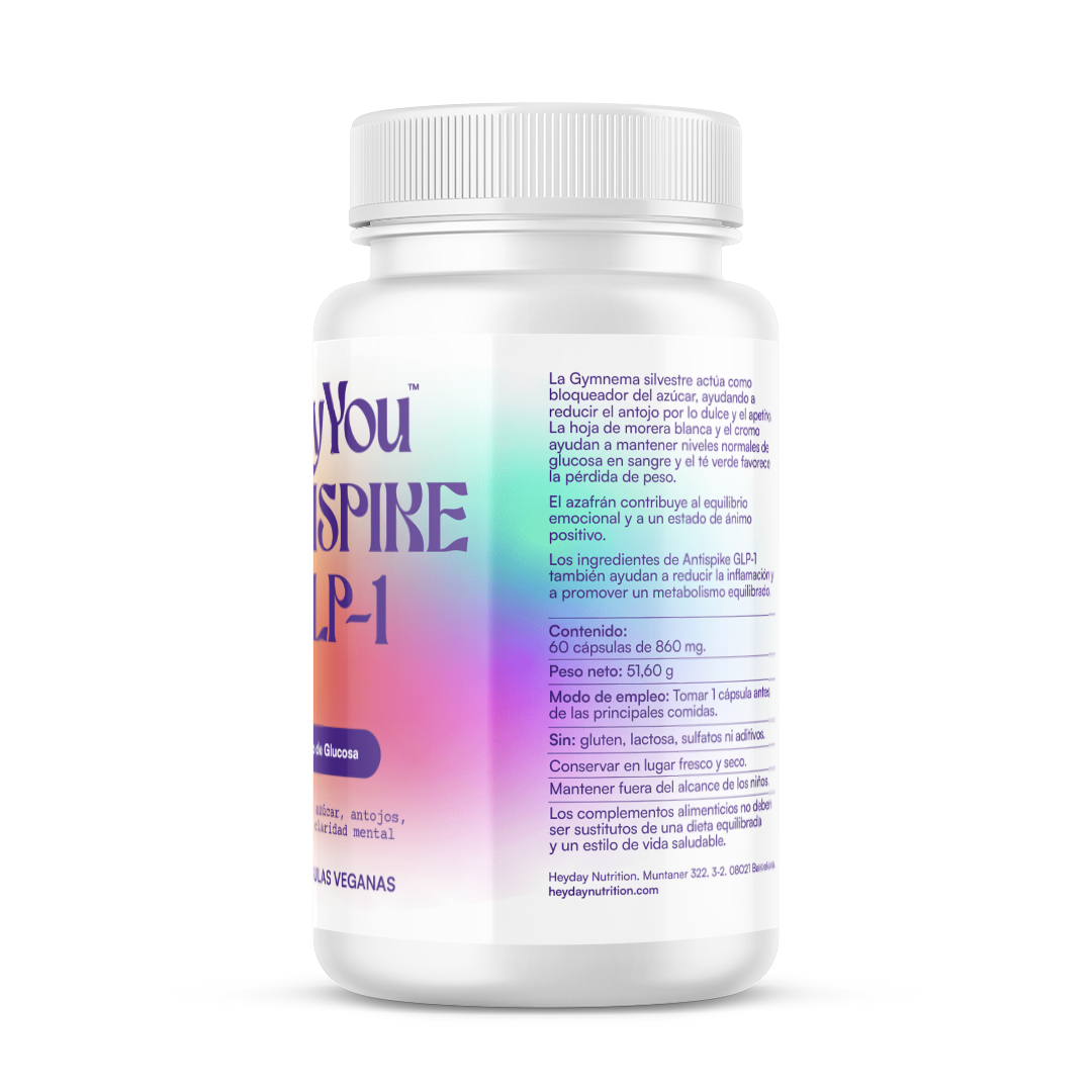Hey You Antispike GLP-1 Suplemento para el control del Pico de Glucosa, Niveles de Azúcar, Antojos, control de peso, Hambre y Claridad Mental con Eriocitrina, Gymnema Silvestre, Hoja de Morera blanca y Berberina 60 cápsulas veganas