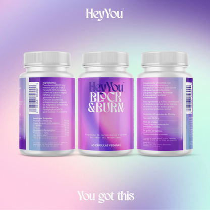 Hey You Block & Burn Suplemento bloqueador de carbohidratos, azúcares y grasas. Activador del metabolismo. Faseolamina, Chitosán, Fucoxantina, Coleus Forskohli, L-carnitina y Gynostemma Pentaphyllum. 60 cápsulas